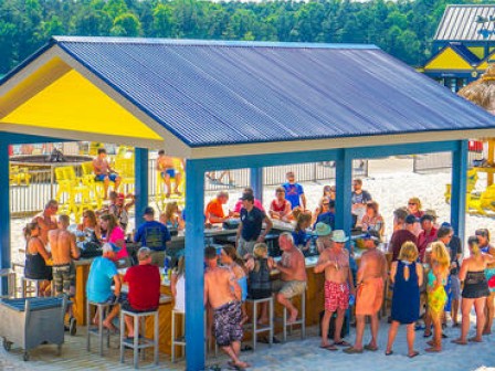 A group of people are gathered under a shaded structure at the beach, sitting and standing around a bar area, enjoying the sunny weather.