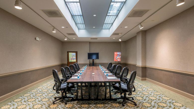 The image shows a meeting room with a long table, office chairs, water bottles, a TV screen, and skylights, decorated with carpet and framed posters.