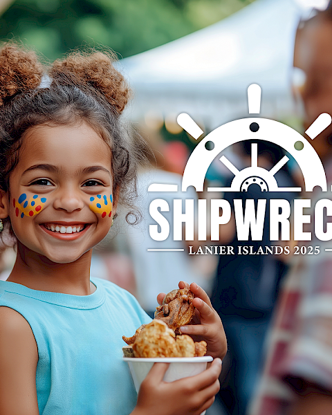 A smiling child with face paint holds food at an event. The image reads 
