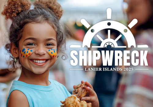 A smiling child with face paint holds food at an event. The image reads 
