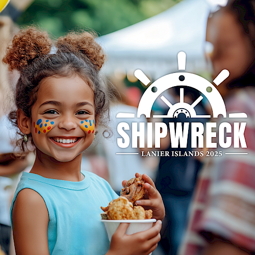 A smiling child with face paint holds food at an event. The image reads 