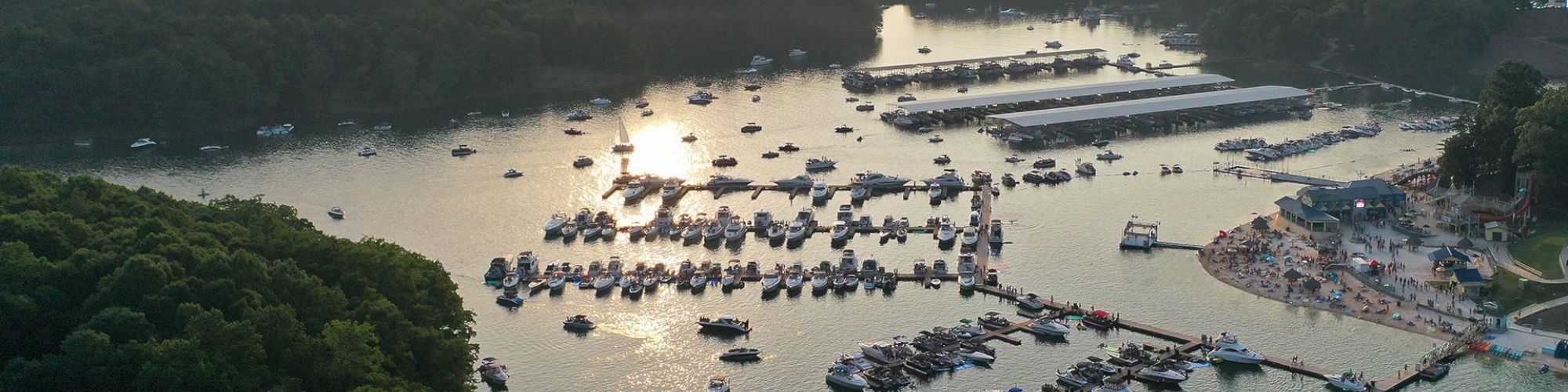 The image shows a marina filled with numerous boats docked in a calm body of water, surrounded by lush greenery and distant hills under a setting sun.