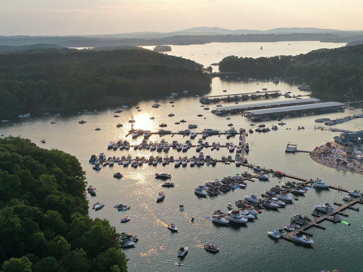 An aerial view of a marina with numerous boats docked on a lake surrounded by forested areas and distant mountains in the background.