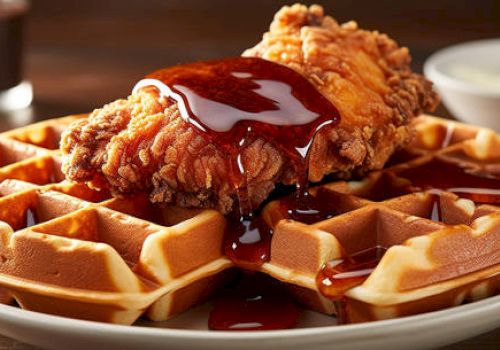 A plate with crispy fried chicken on top of waffles, drizzled with syrup, and a small dish of butter in the background.