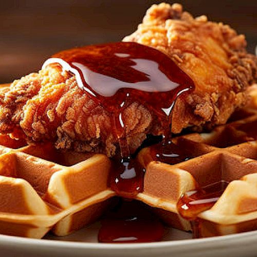 A plate with crispy fried chicken on top of waffles, drizzled with syrup, and a small dish of butter in the background.