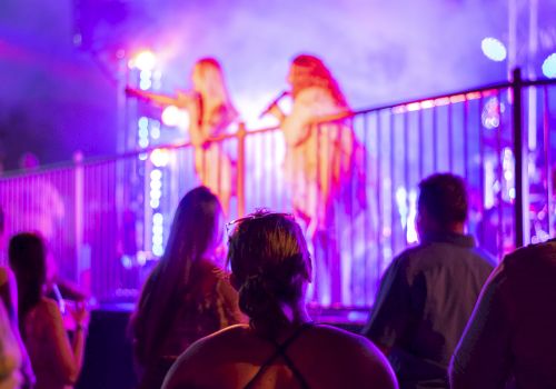 People are watching a concert with performers on stage holding microphones, colorful lights illuminating the scene.