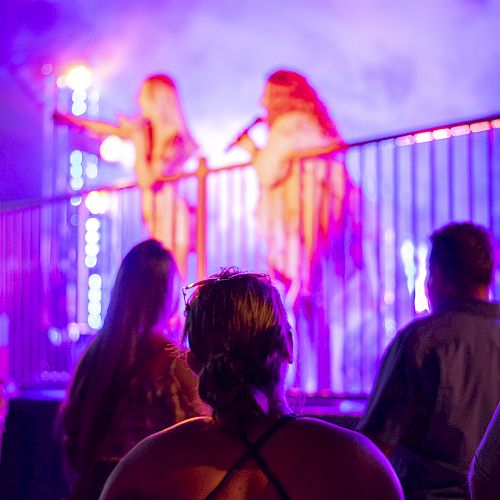 People are watching a concert with performers on stage holding microphones, colorful lights illuminating the scene.