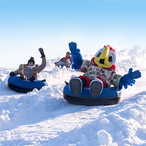 People tubing down a snowy hill, including one person in a colorful bird costume, all with joyful expressions.