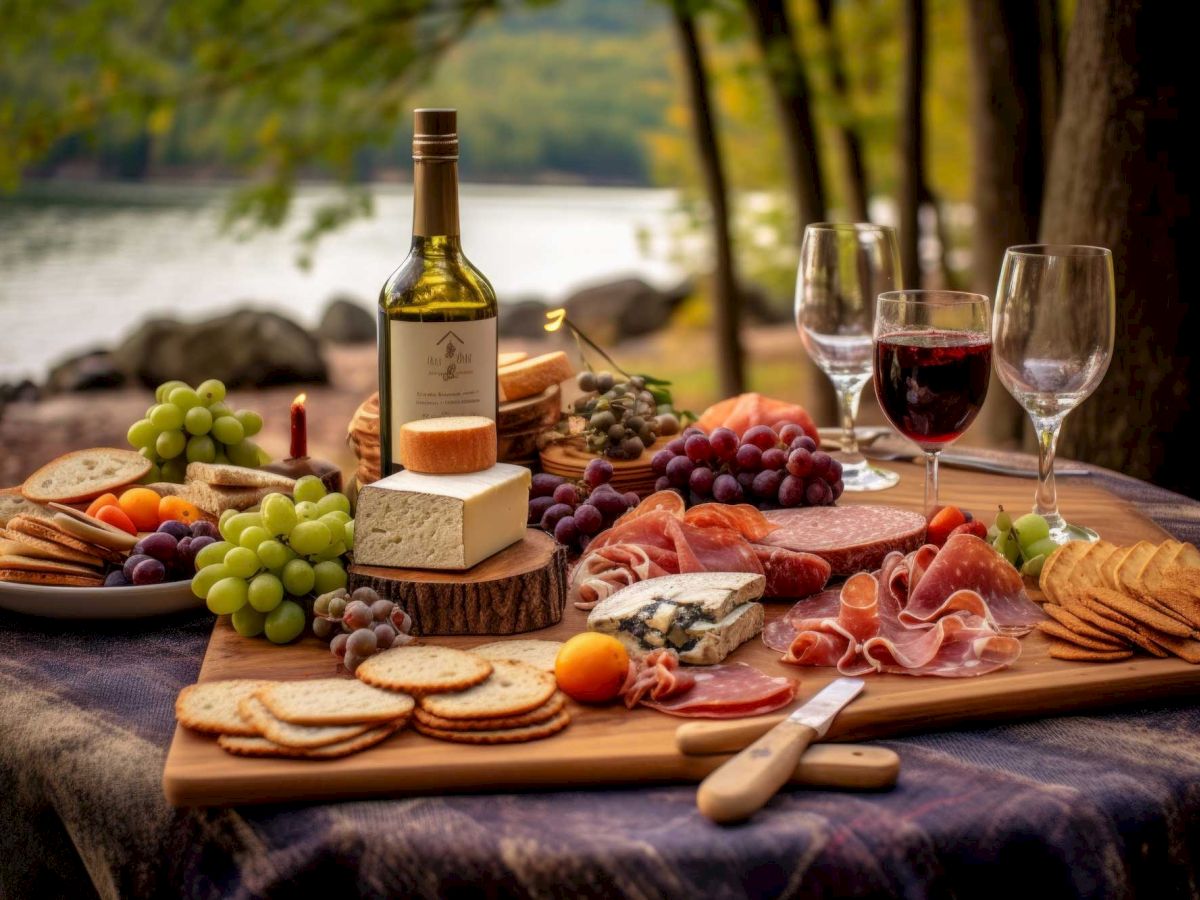 A picnic setup with wine, cheese, fruits, and sliced meats on a board, set on a table near a lake with three wine glasses.
