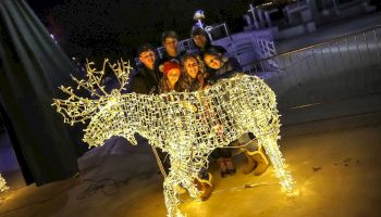 A group of people is gathered around a lit reindeer decoration, posing for a photo during a nighttime event.