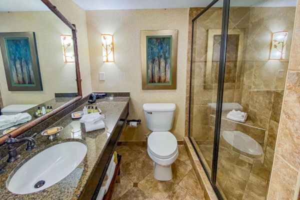 A modern bathroom with a sink, toilet, shower, towels, decorative mirror, wall art, and countertop amenities, all in a well-lit setting.