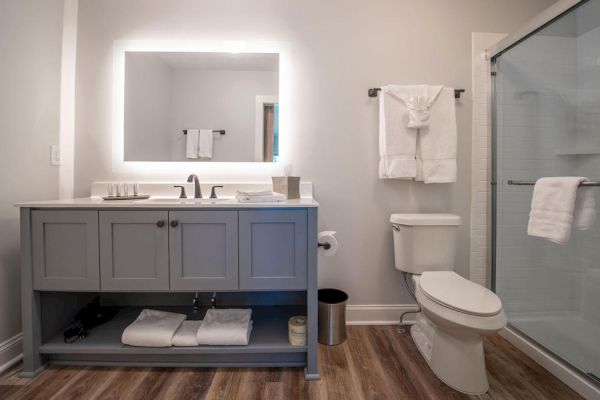 A well-lit bathroom features a vanity with a lighted mirror, a toilet, and a glass-enclosed shower. Towels are neatly hung on a rack.