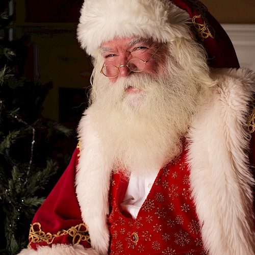 An individual dressed in a traditional Santa Claus costume, complete with a red suit, white fur trim, and a festive background.