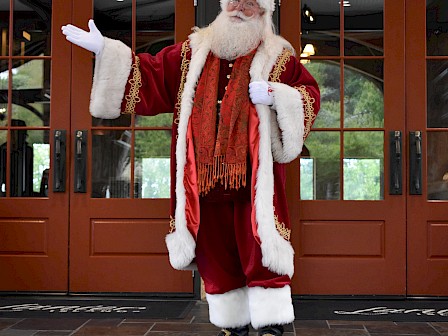 A person in a Santa Claus outfit stands on a stone floor in front of doors, gesturing with one arm raised.