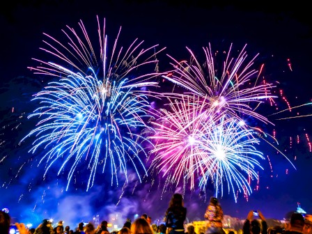 A colorful fireworks display lights up the night sky over a crowd of spectators.