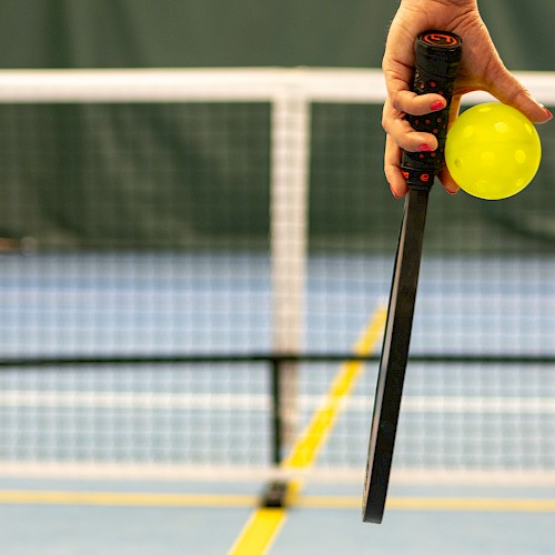 A hand holding a paddle and pickleball in front of a net on a court.