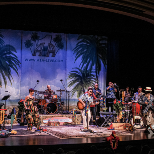 A band performs on a decorated tropical-themed stage with instruments and various props under an 