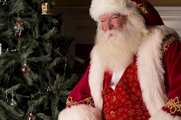 A person dressed as Santa Claus is sitting beside a decorated Christmas tree.