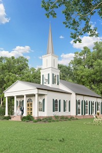 The image shows a white chapel with a tall steeple, surrounded by green trees under a blue sky with clouds.