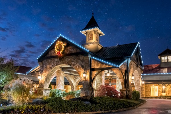 The image depicts a beautifully lit stone building with a decorated entrance and a tower, set against a starry night sky.