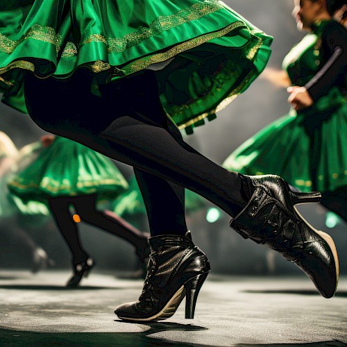 Dancers in green skirts perform energetically on stage, showcasing lively footwork and synchronized movements in vibrant lighting.